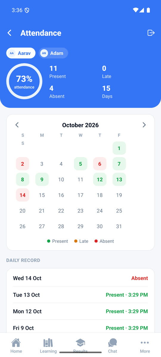 Parent app attendance screen with a percentage ring and month calendar