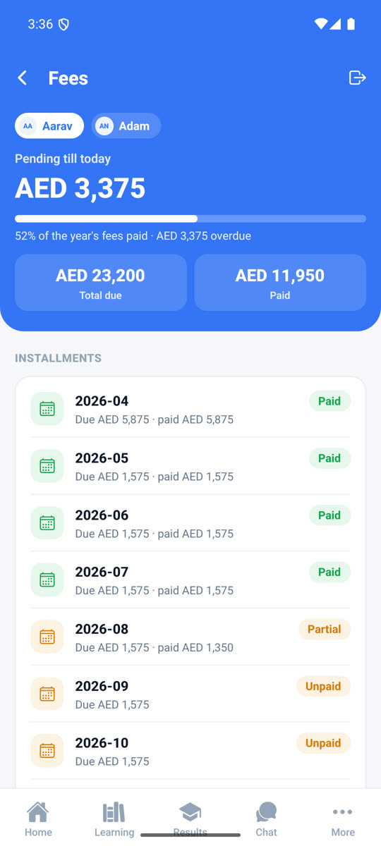 Parent app fees screen listing installments and amounts due