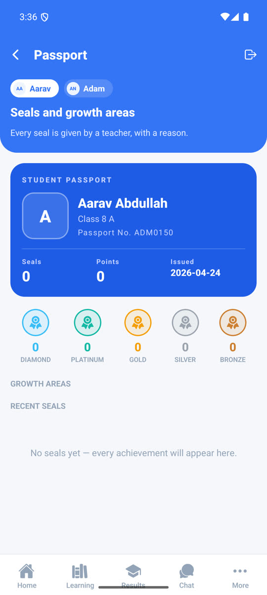 Parent app Passport screen showing achievement seals earned