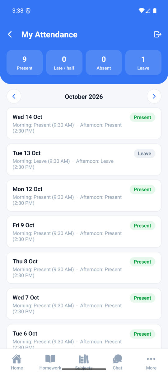 Teacher app showing the teacher's own attendance