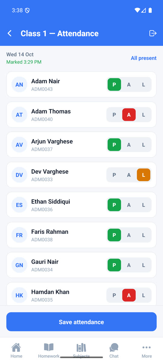 Teacher app register for marking students present, absent or late