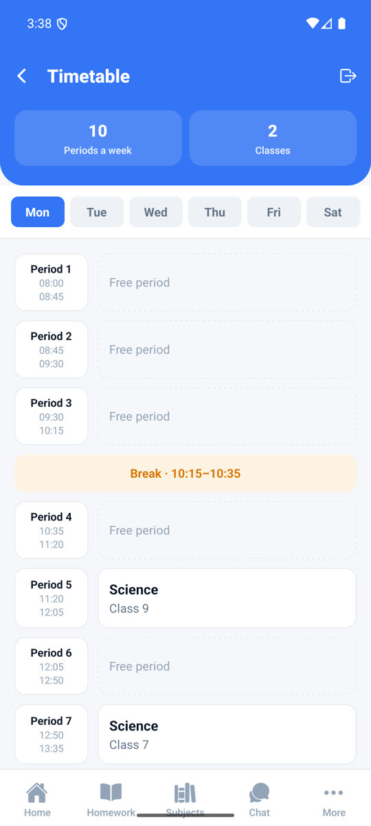 Teacher app weekly timetable
