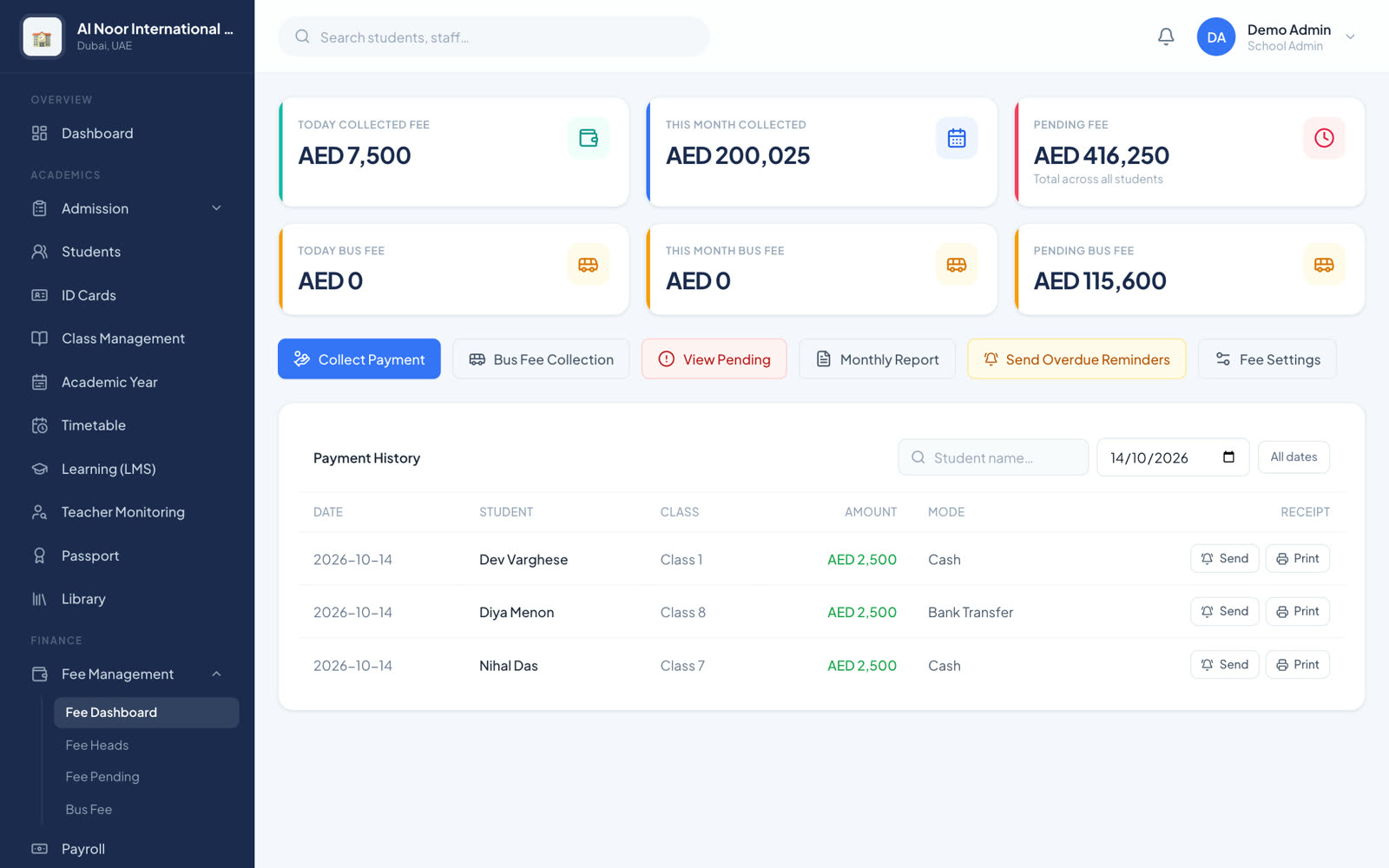 Fee dashboard with collected and pending amounts
