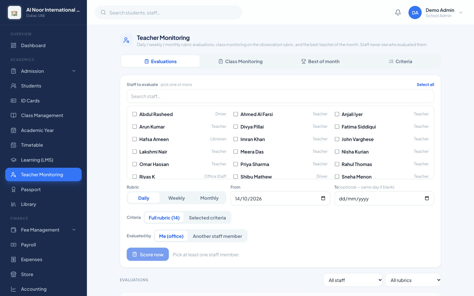 Teacher monitoring with lesson observations and evaluations