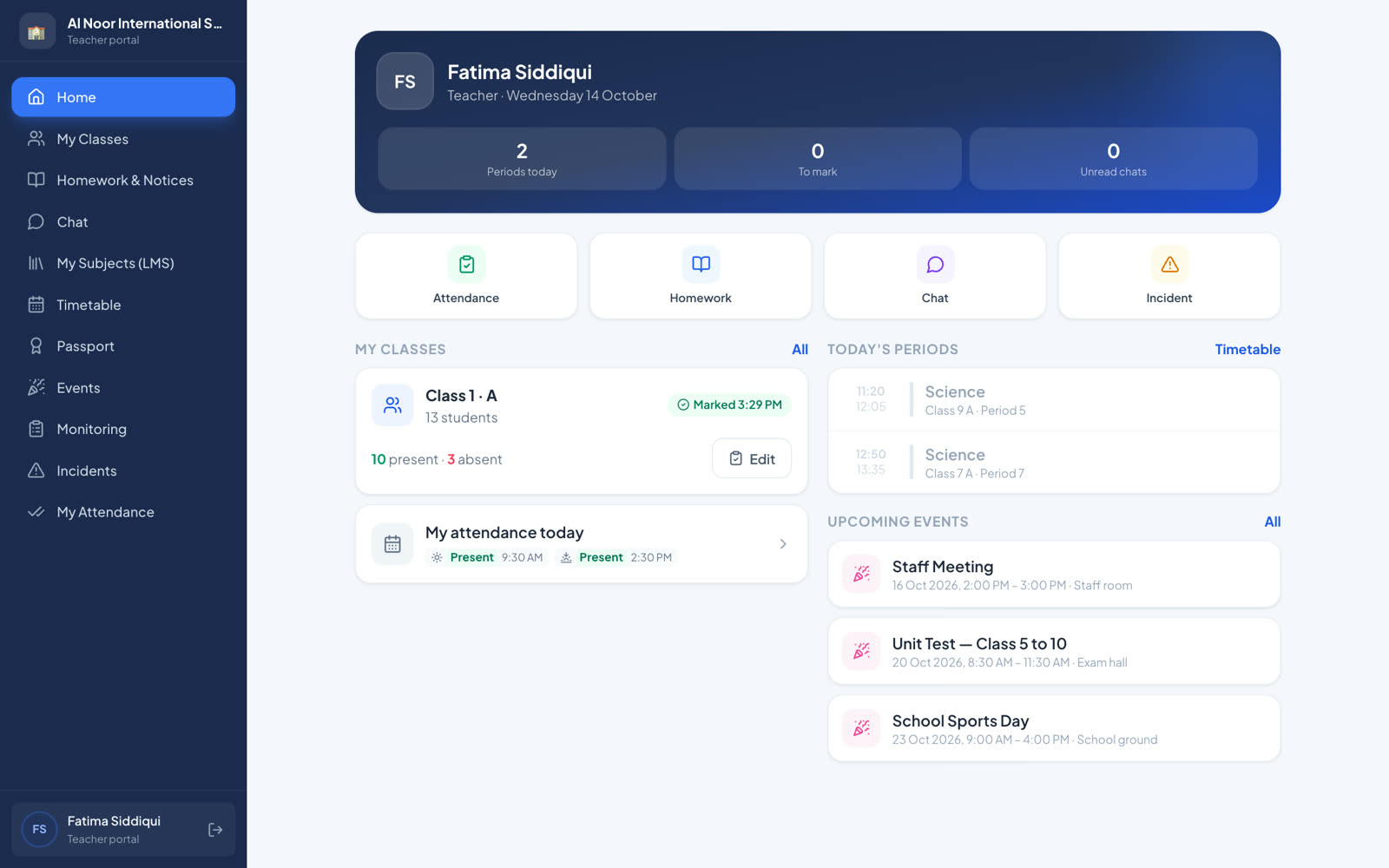 Teacher portal home with today's classes